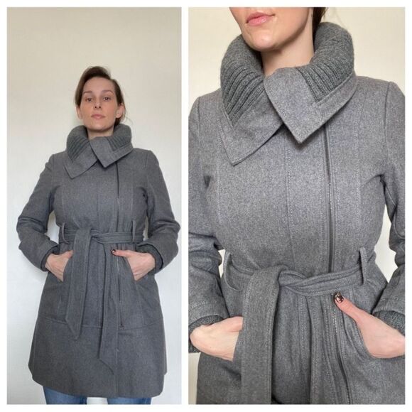 Express Coat Grey Midi Length Sweater Collar Asymmetrical Classy Medium - Picture 1 of 13